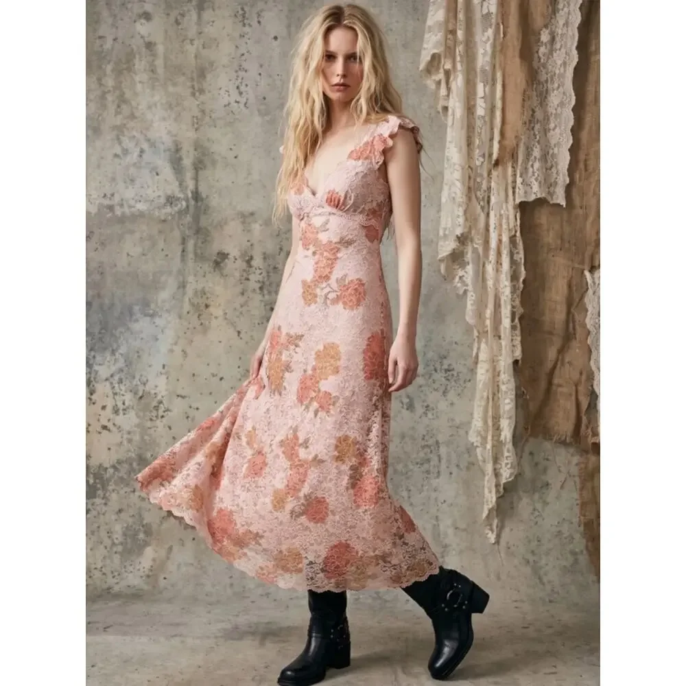 Free People Dainty Ethereal Butterfly Babe Lace Maxi Dress Antique Floral Large